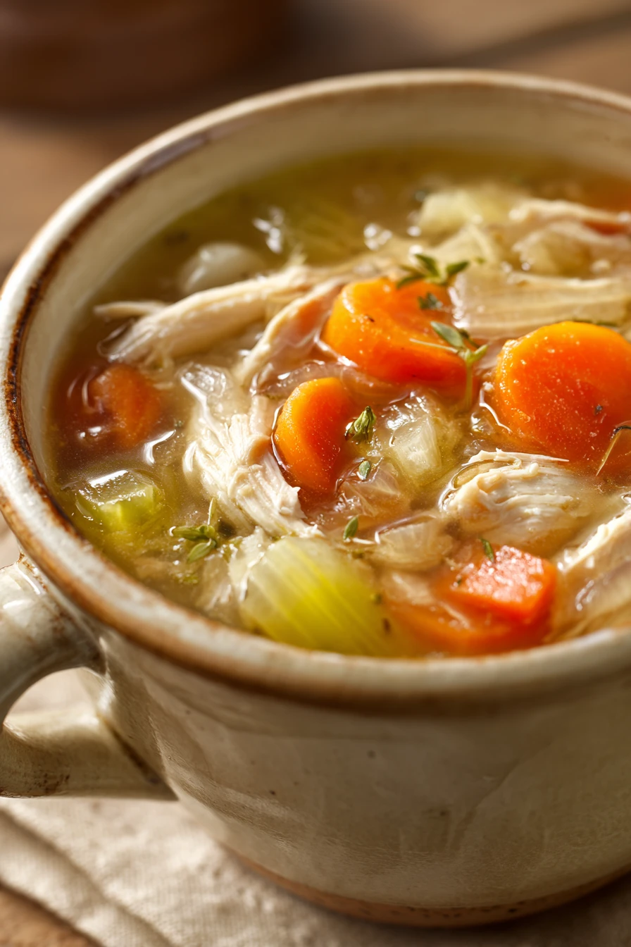 Close-up of slow cooker chicken onion soup with herbs in a white bowl