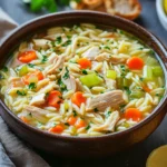 Close-up of slow cooker chicken orzo soup in a crockpot with visible chicken and orzo.