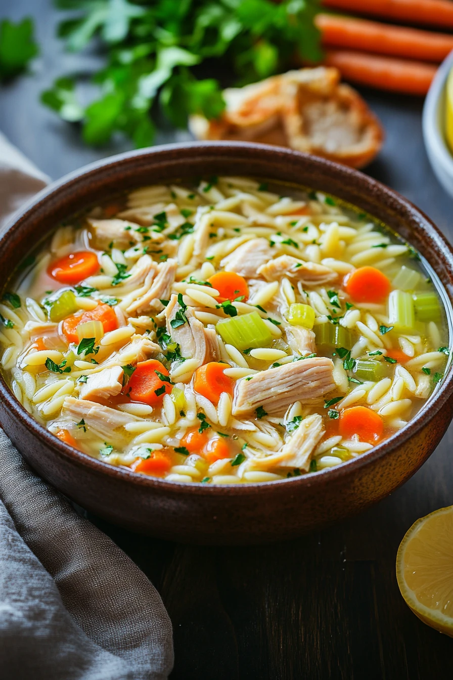 Close-up of slow cooker chicken orzo soup in a crockpot with visible chicken and orzo.