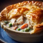 Close-up of a golden-brown slow cooker chicken pie with flaky crust