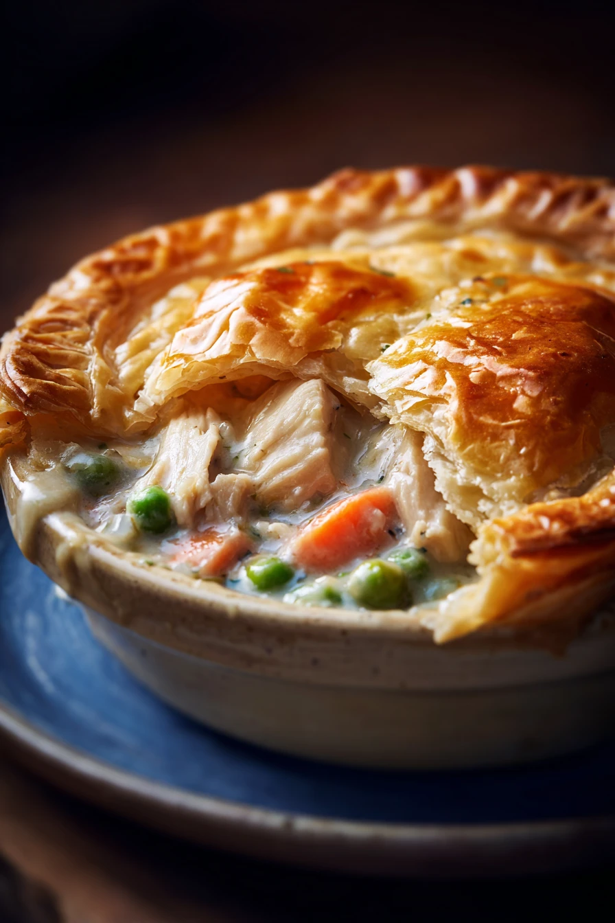 Close-up of a golden-brown slow cooker chicken pie with flaky crust