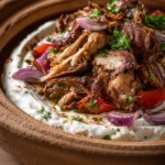Close-up of slow cooker chicken shawarma with warm lighting and minimal background