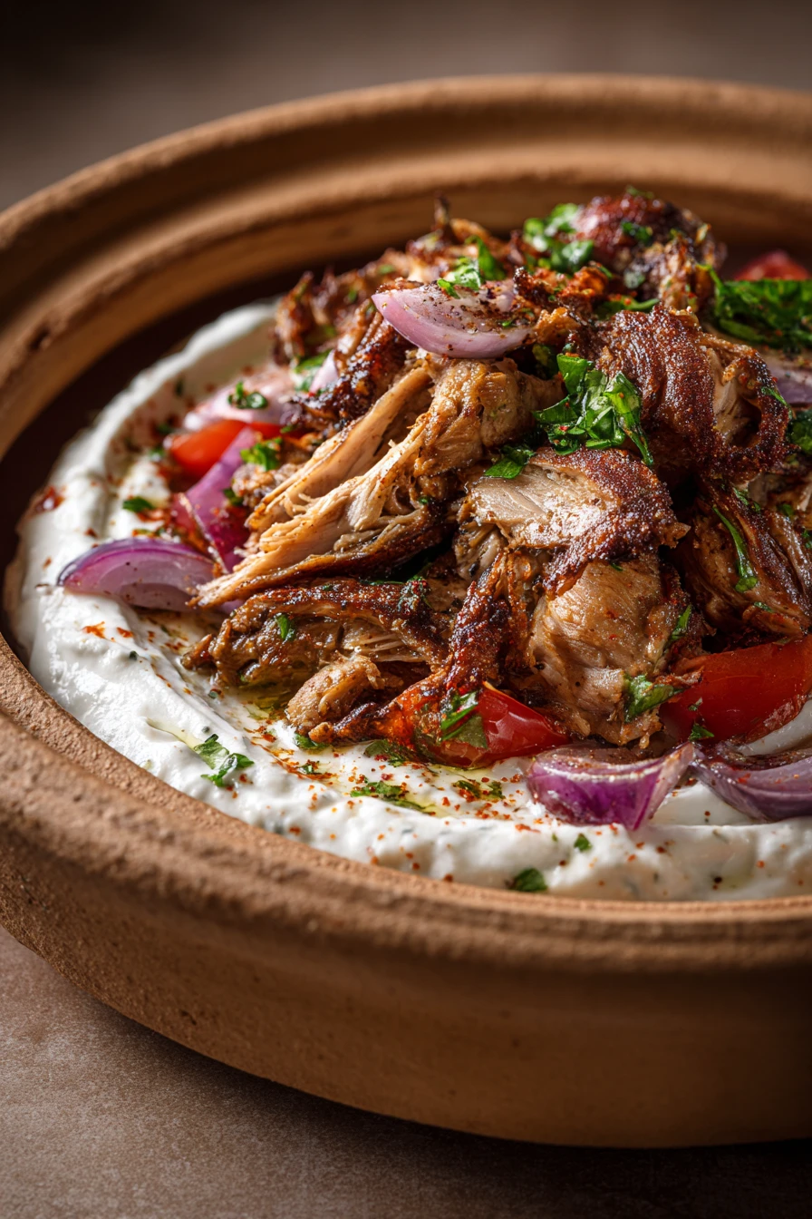 Close-up of slow cooker chicken shawarma with warm lighting and minimal background