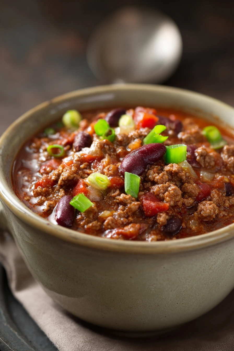 Close-up of a hearty slow cooker chili with beans and spices from Natasha's Kitchen.