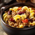Close-up of slow cooker chili with noodles in a bowl with a clean background.