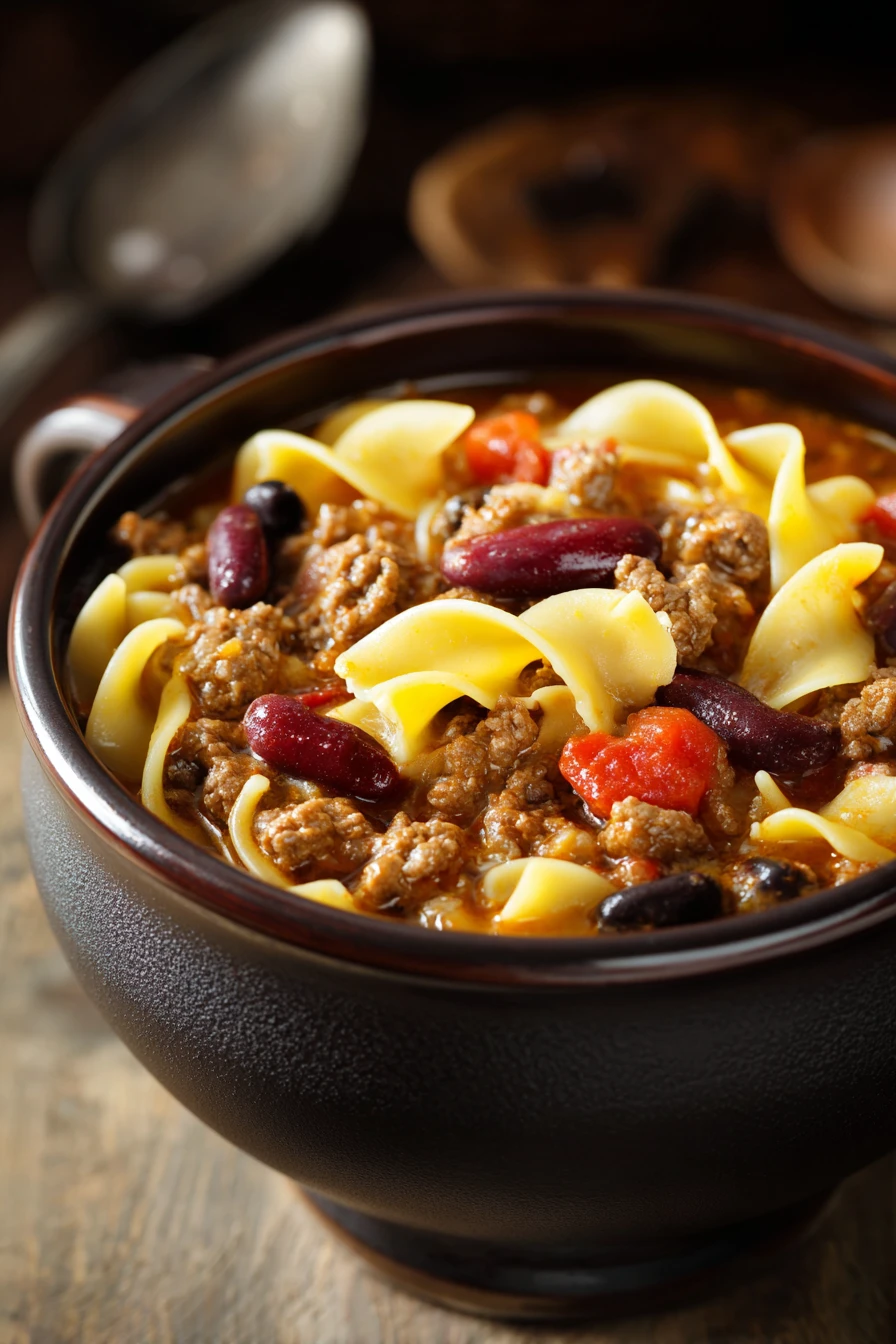 Close-up of slow cooker chili with noodles in a bowl with a clean background.