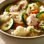 Close-up of a creamy slow cooker keto chicken soup with visible herbs and chicken pieces