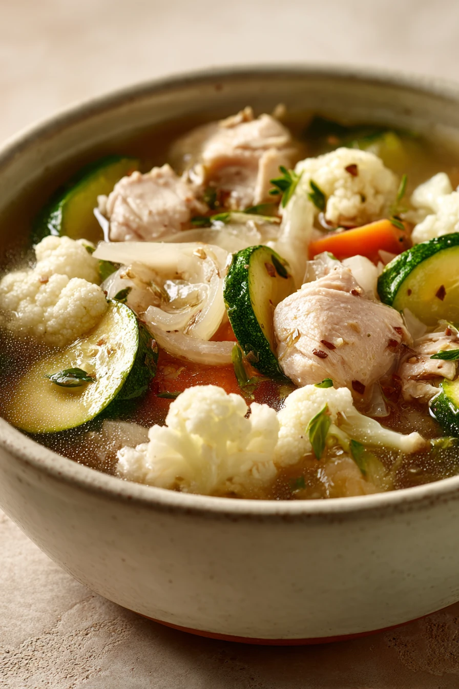 Close-up of a creamy slow cooker keto chicken soup with visible herbs and chicken pieces