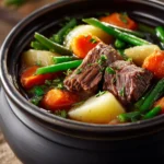 Close-up of a slow cooker soup with beef and vegetables in a white bowl.