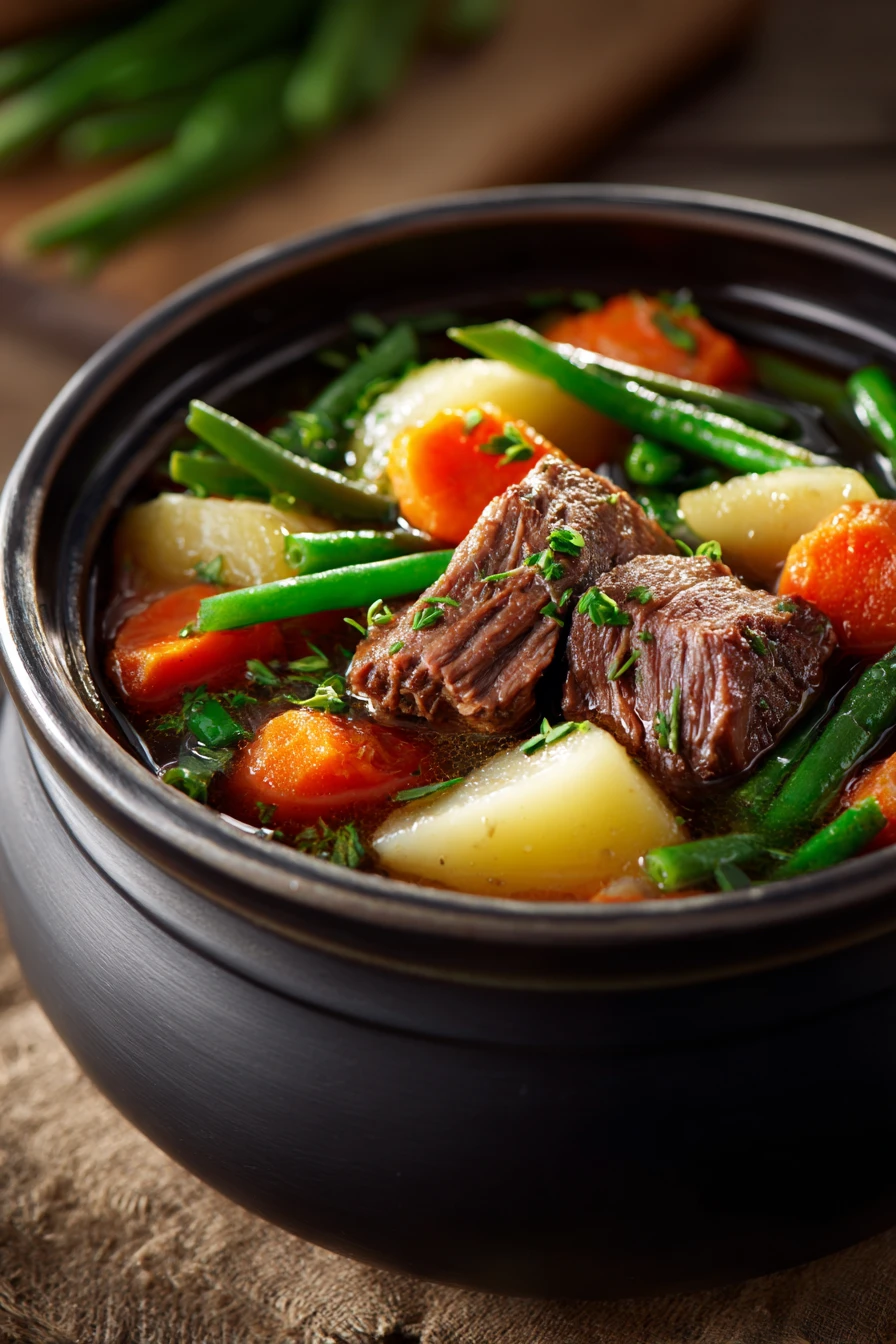 Close-up of a slow cooker soup with beef and vegetables in a white bowl.
