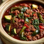 Close-up of slow cooker Texas beef chili with lean and green ingredients in a bowl.