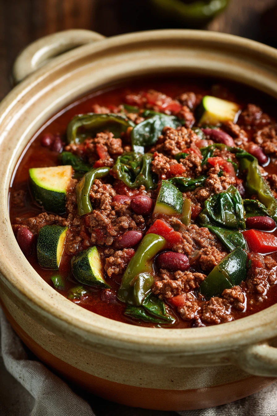 Close-up of slow cooker Texas beef chili with lean and green ingredients in a bowl.