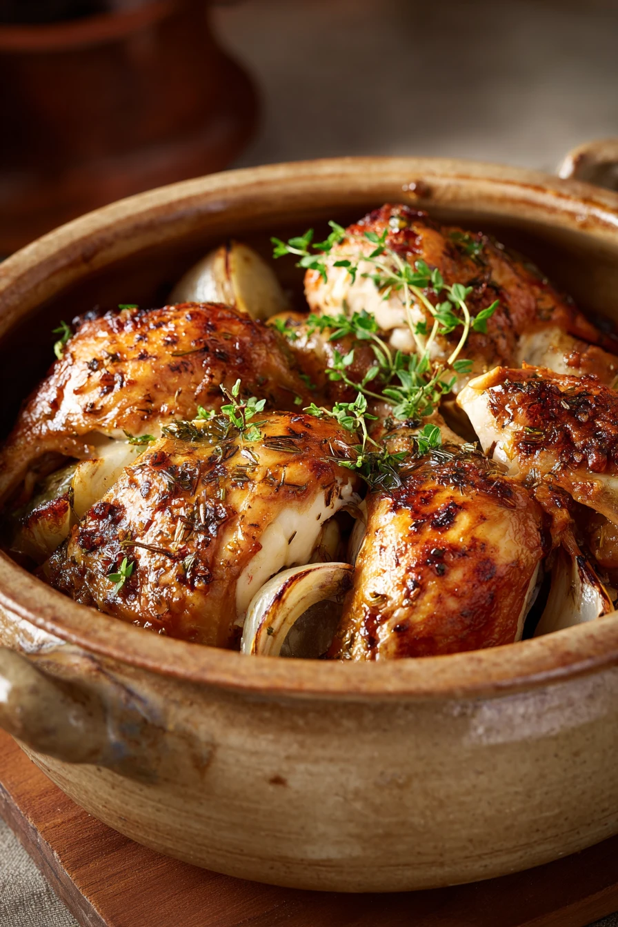 Close-up of slow cooker whole cut up chicken with golden brown skin and herbs