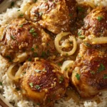 Close-up of smothered chicken and rice with creamy sauce and herbs.
