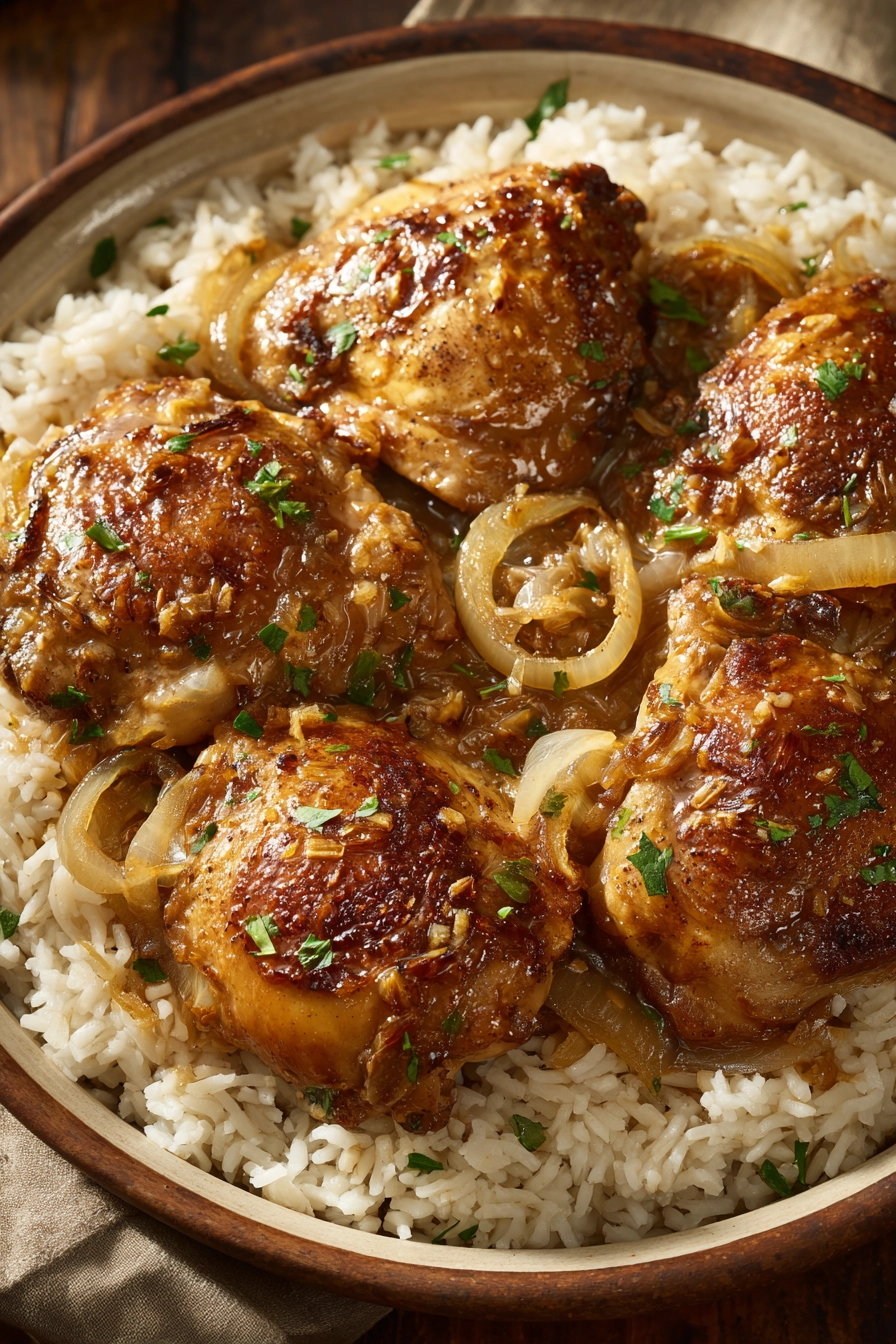 Close-up of smothered chicken and rice with creamy sauce and herbs.