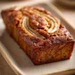 Close-up of Snickerdoodle Banana Bread with a golden crust and cinnamon sugar topping.