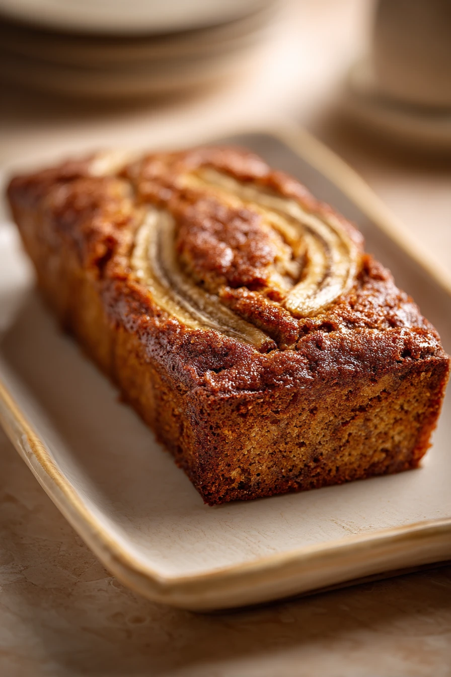 Close-up of Snickerdoodle Banana Bread with a golden crust and cinnamon sugar topping.
