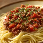 Close-up of spaghetti with tomato and meat sauce, garnished with herbs, in bright natural lighting.