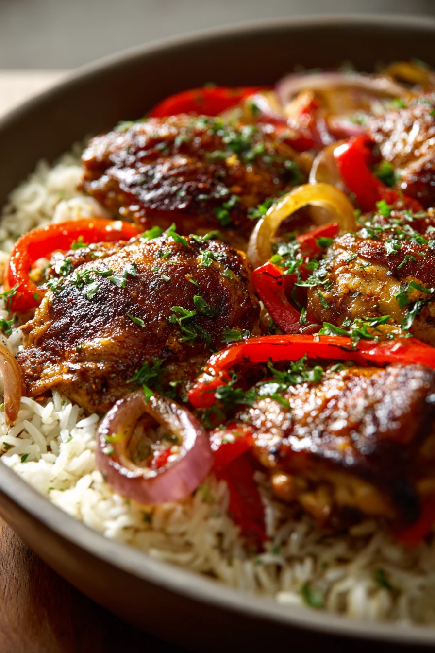 Close-up of a spiced chicken rice skillet with vibrant colors and minimal background.
