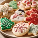 Close-up of beautifully decorated sugar cookies for Christmas with festive designs.
