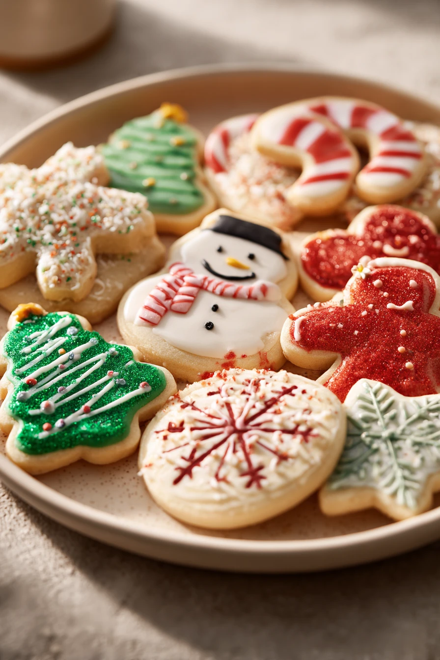 Close-up of beautifully decorated sugar cookies for Christmas with festive designs.