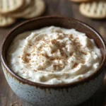 Close-up of sugar cookie dip with sprinkles and a creamy texture in a white bowl.