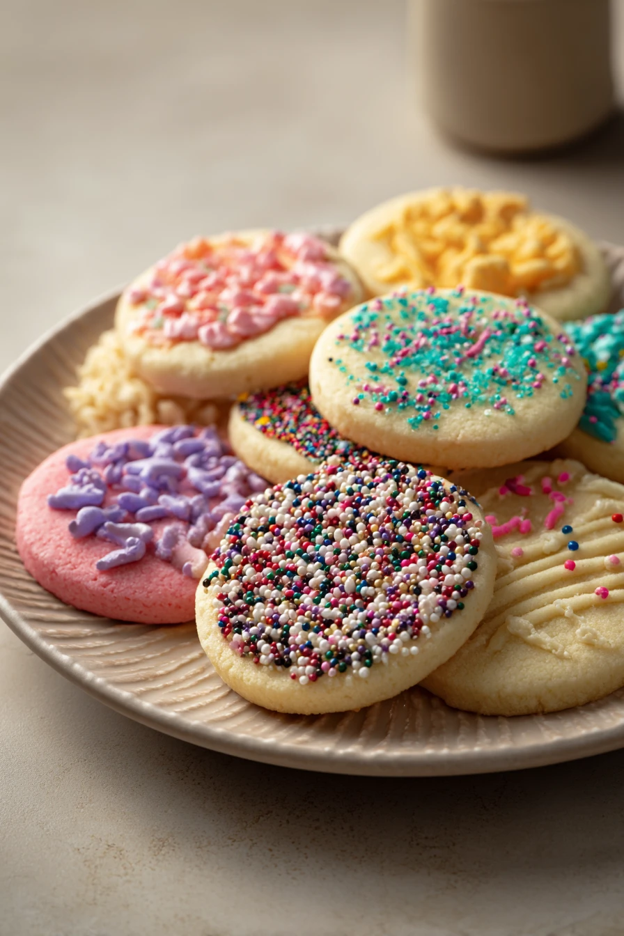 Close-up of a sugar cookie kit with various colorful decorations and icing tubes.