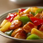 Close-up of Sweet and Sour Chicken with glossy sauce and vibrant colors on a white plate.
