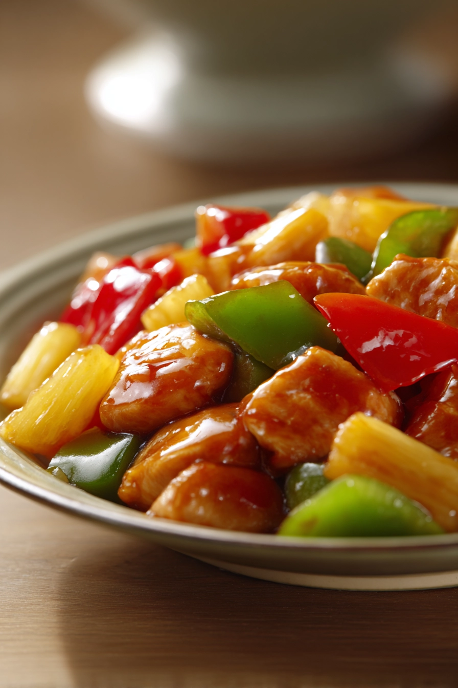 Close-up of Sweet and Sour Chicken with glossy sauce and vibrant colors on a white plate.
