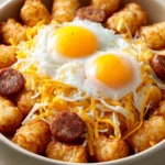 Close-up of a tater tot breakfast bowl with eggs, bacon, and cheese in a white bowl.