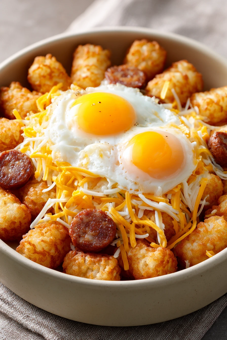 Close-up of a tater tot breakfast bowl with eggs, bacon, and cheese in a white bowl.