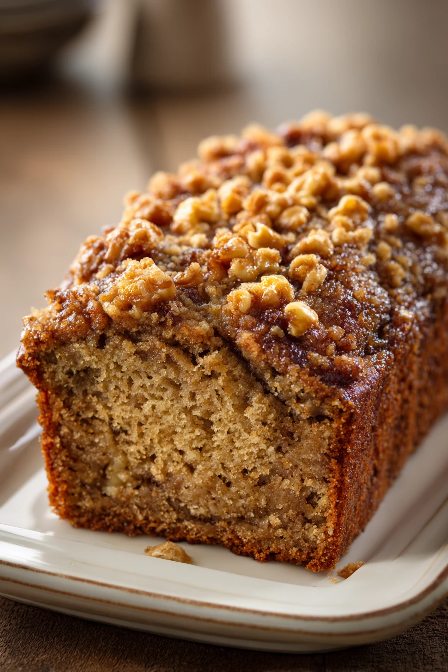 Close-up of banana bread with brown sugar streusel topping on a clean white background.