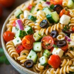 Close-up of a vibrant pasta salad with fresh vegetables and herbs, perfect for make-ahead meals.