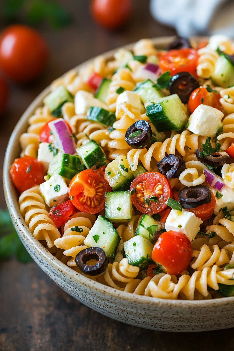 Close-up of a vibrant pasta salad with fresh vegetables and herbs, perfect for make-ahead meals.