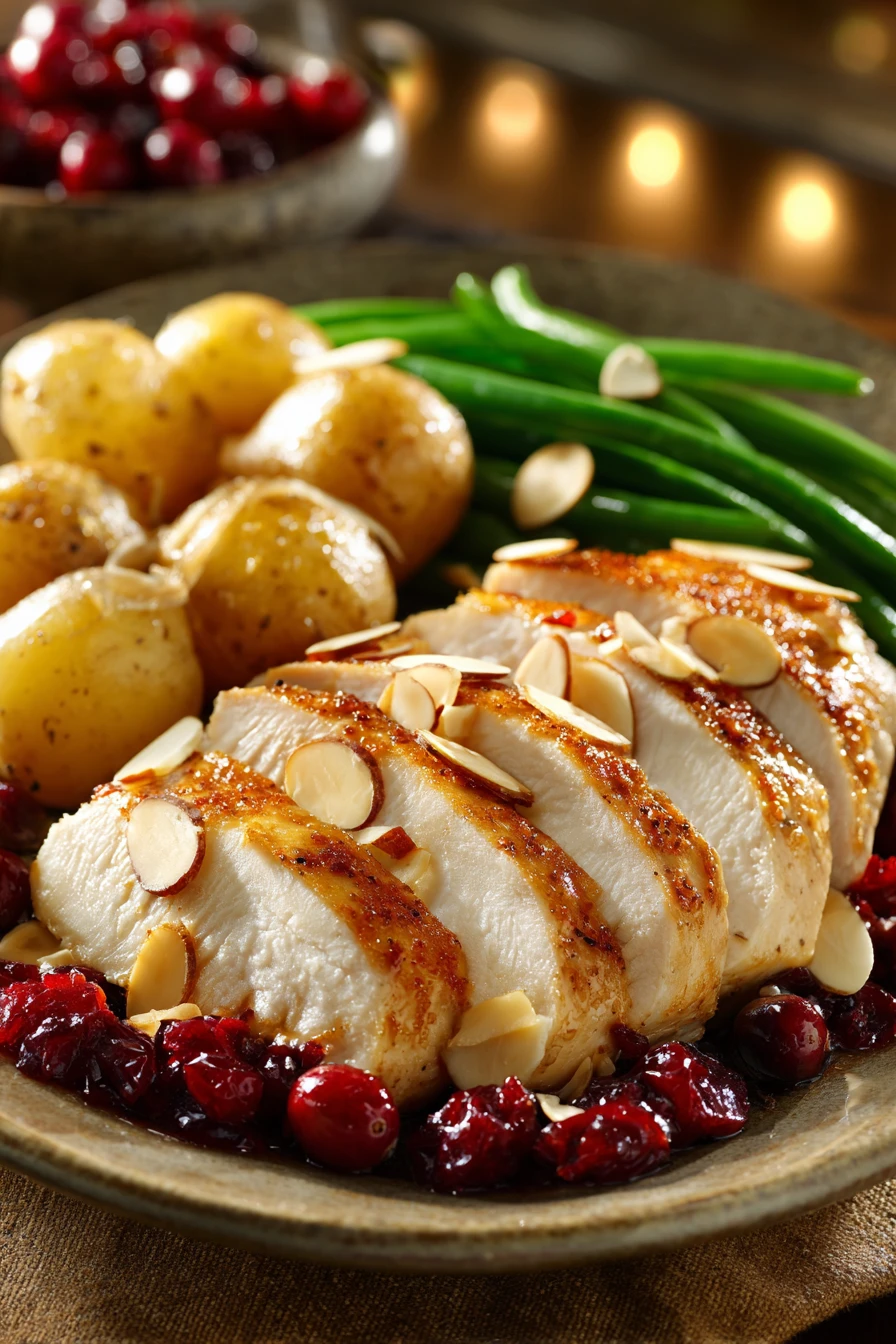 Close-up of a turkey breast dinner with side dishes, ideal for holiday meals.