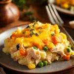 Close-up of a turkey dinner casserole with golden crust and creamy sauce