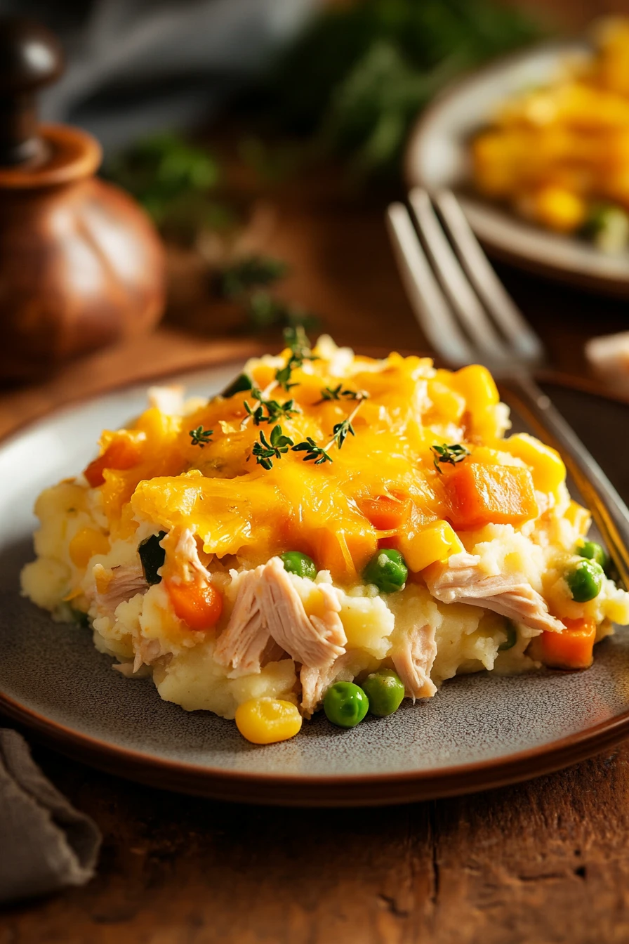Close-up of a turkey dinner casserole with golden crust and creamy sauce