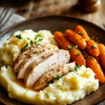 Close-up of a turkey dinner with vegetables, perfect for kids