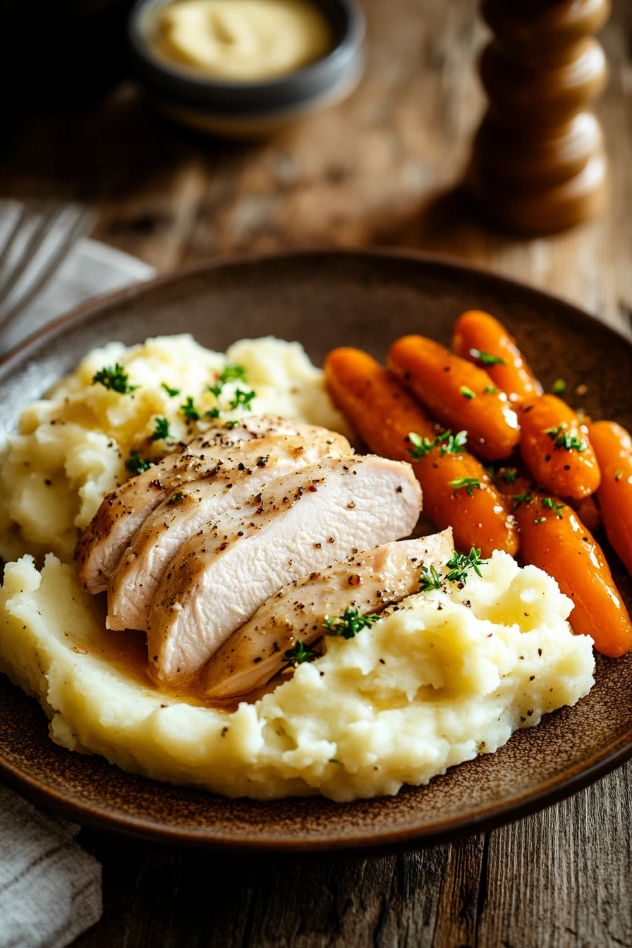 Close-up of a turkey dinner with vegetables, perfect for kids