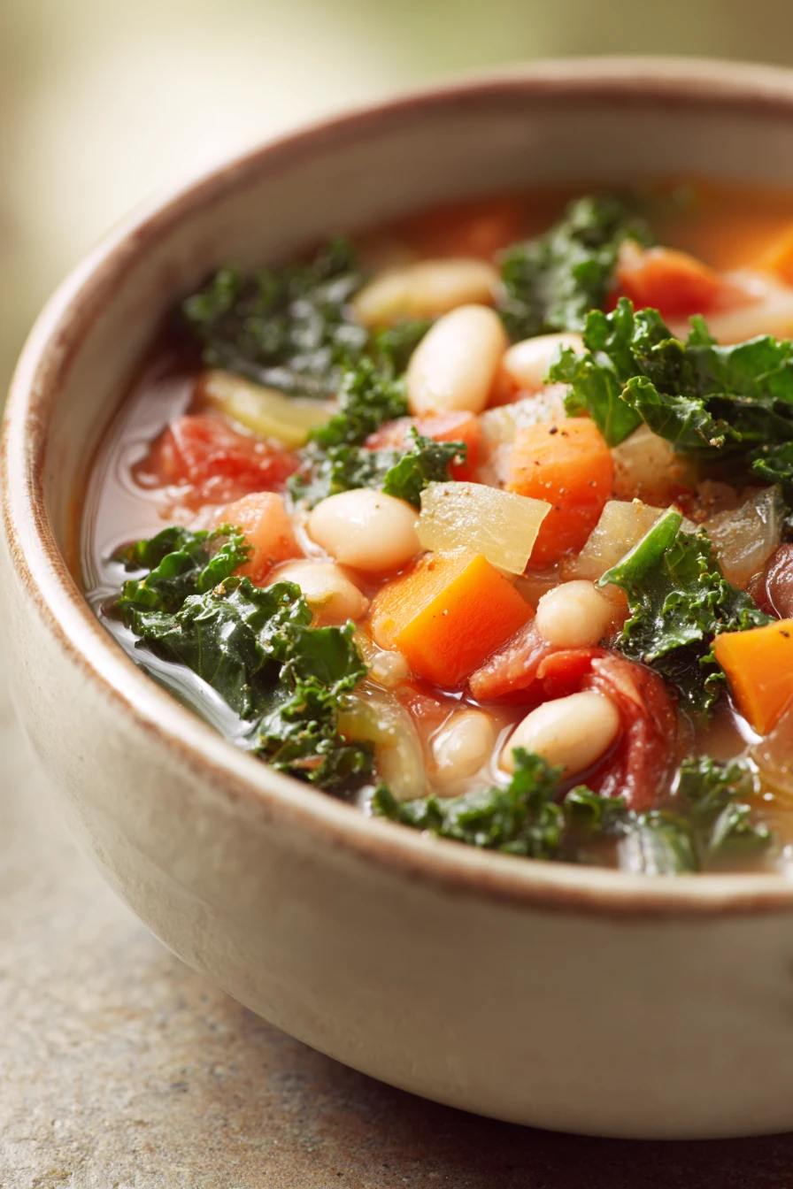 Close-up of Tuscan White Bean Soup with herbs in a warm, inviting setting.