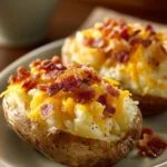 Close-up of twice-baked loaded breakfast potatoes with cheese and herbs