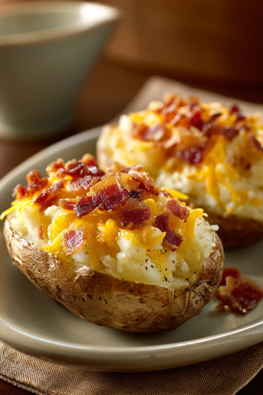 Close-up of twice-baked loaded breakfast potatoes with cheese and herbs