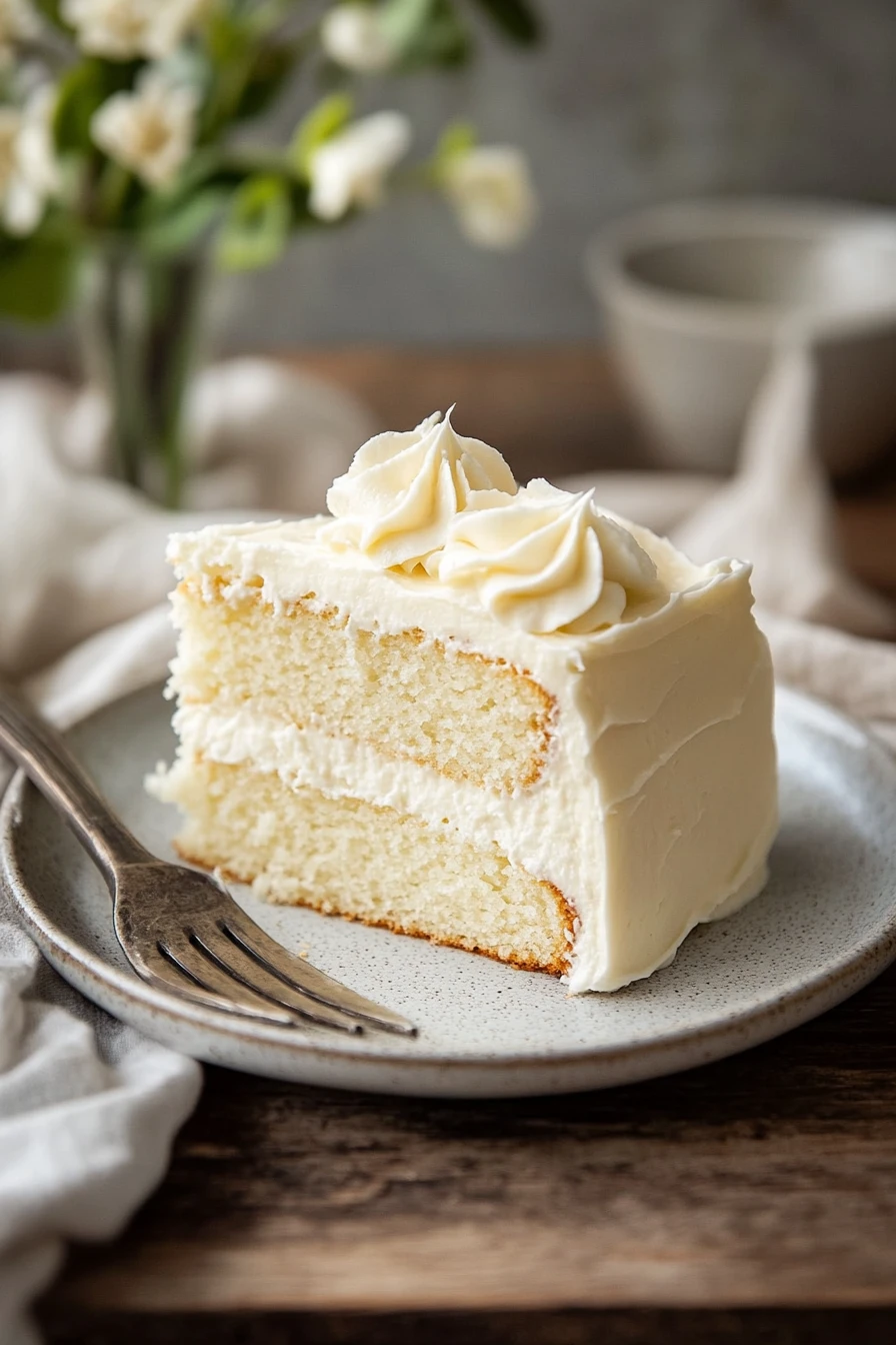 Close-up of a vanilla cake with cream cheese frosting on a clean background