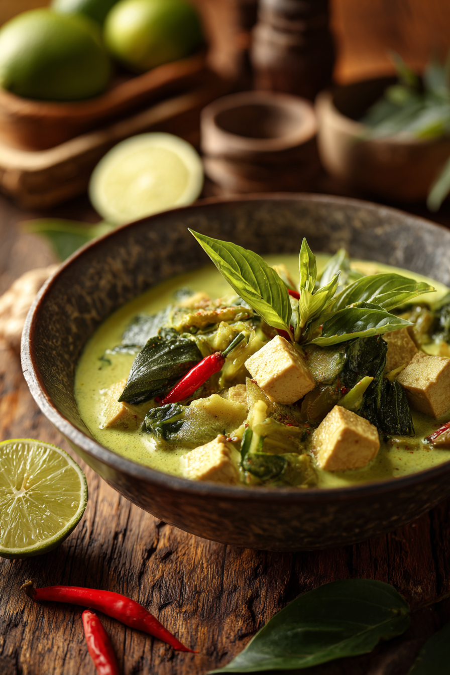Close-up of a bowl of vegetarian Thai green curry with tofu, fresh vegetables, and Thai basil on a rustic wooden table