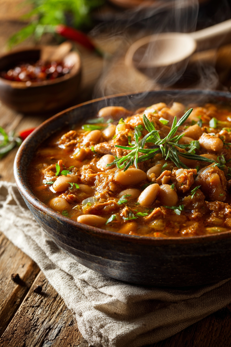 Close-up of white bean turkey chili in a rustic bowl on a wooden surface with warm natural lighting and cozy kitchen props