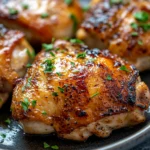 Close-up of air fryer chicken thigh boneless skinless with golden crispy skin and herbs.
