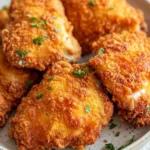 Close-up of crispy breaded chicken thighs cooked in an air fryer on a white plate.