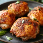 Close-up of air fryer chicken thighs with yogurt marinade, garnished with herbs on a white plate.