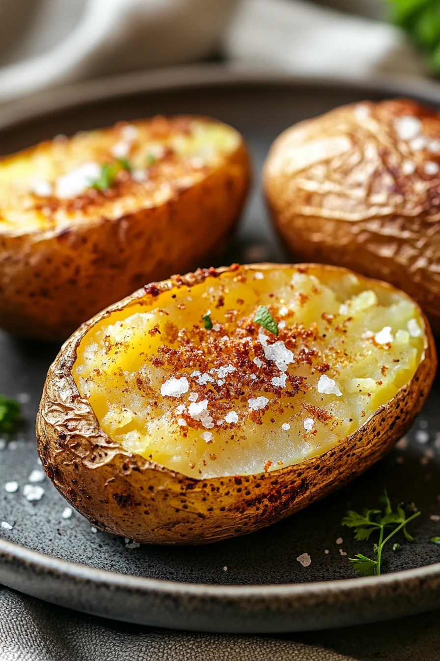 Close-up of a golden baked potato cooked in an air fryer with a clean background