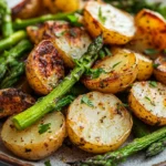 Close-up of air fryer potato and asparagus with bright lighting and minimal background.